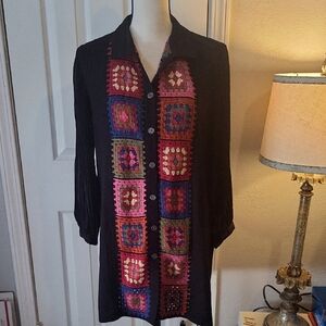 John Mark Bohemian Button-Up Blouse with Crochet Detail